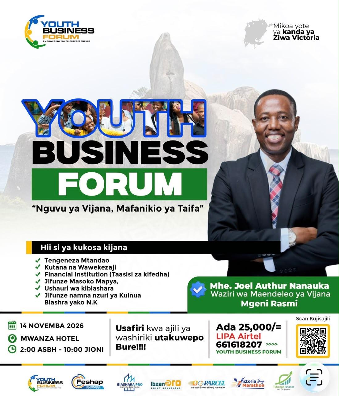 Youth Business Forum 2026 poster — 14 November 2026, Mwanza Hotel, Mwanza. Theme: Nguvu ya Vijana, Mafanikio ya Taifa